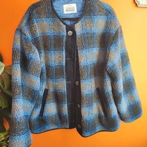 Promod Blue and Gray Checkered Teddy Jacket